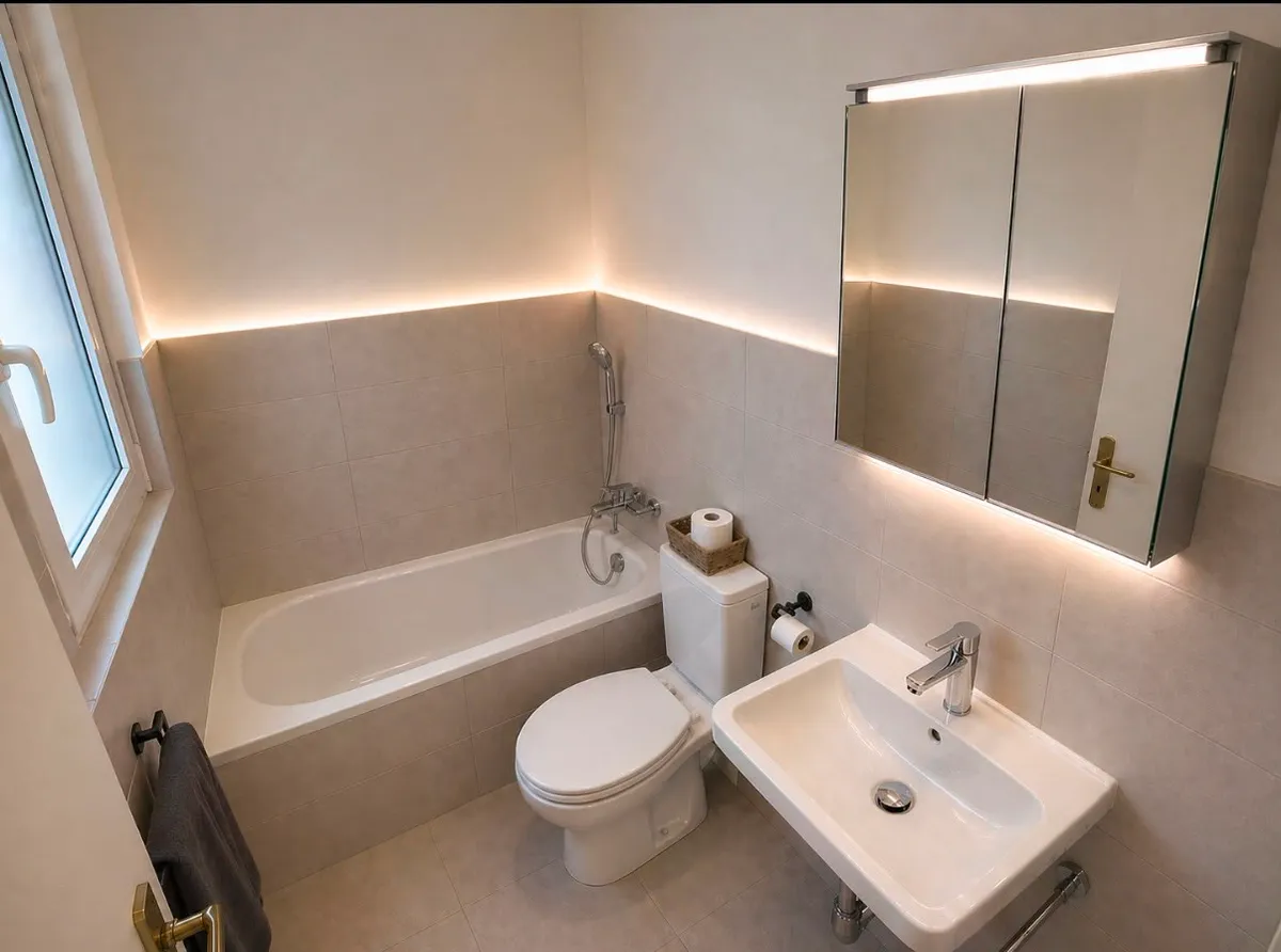 Salle de bain avec baignoire, WC suspendu et armoire de toilette rétroéclairée, par MSCV SA
