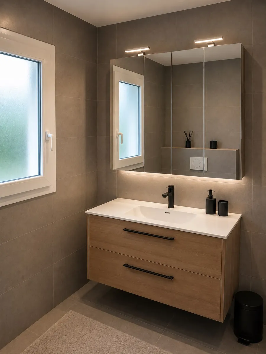 Meuble-vasque avec robinetterie noire et grand miroir, installé par MSCV SA